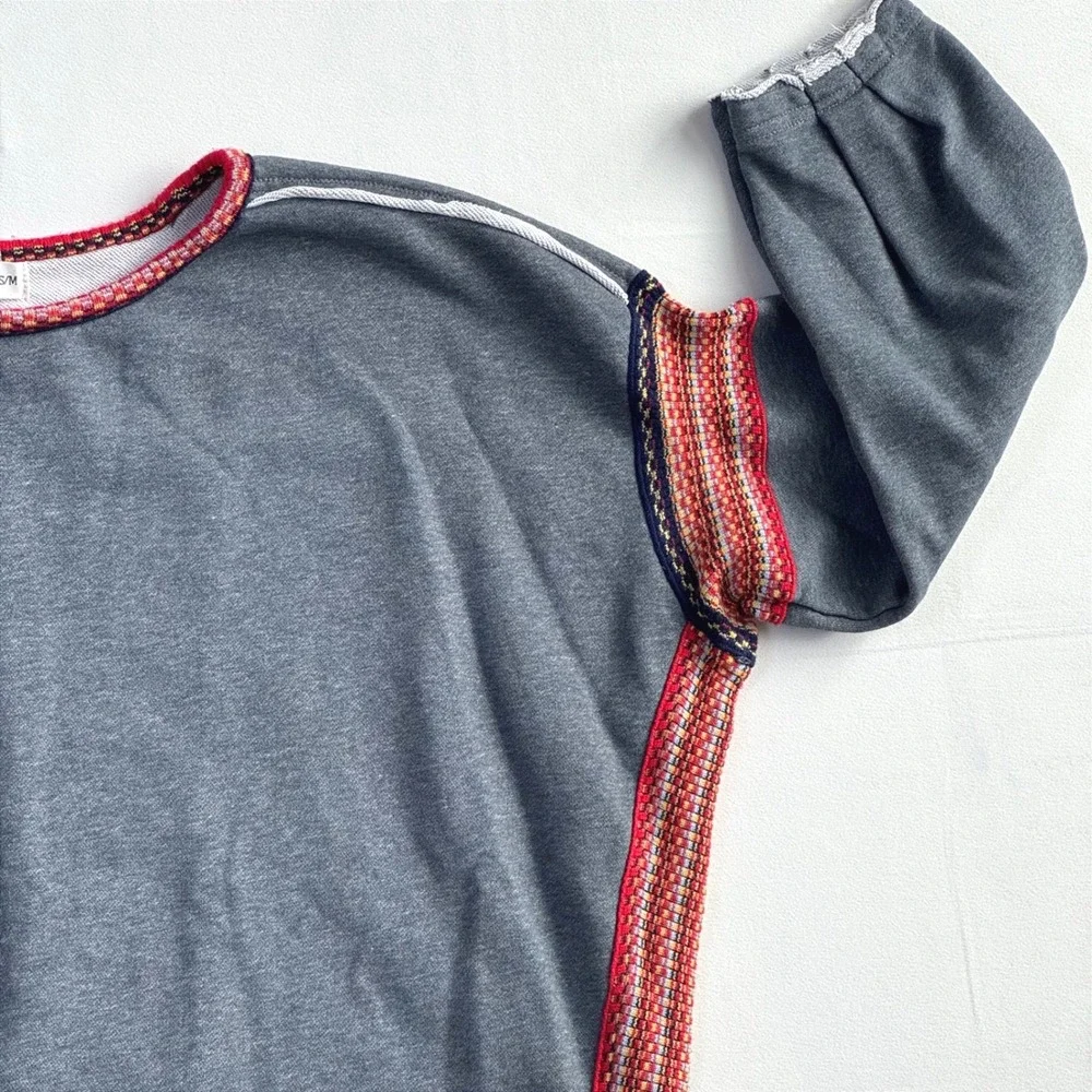 Natural Life Gray Knit Trim Sweater SM Boho oversized cozy Pullover cotton blend - Picture 4 of 11